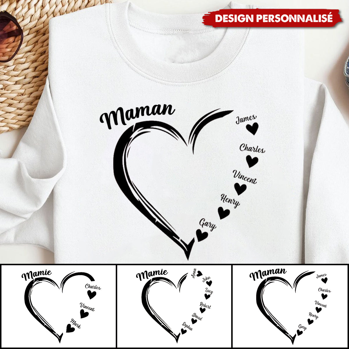 Sweat-shirt Personnalisé avec Cœur et Prénoms – Cadeau Unique pour Mamie