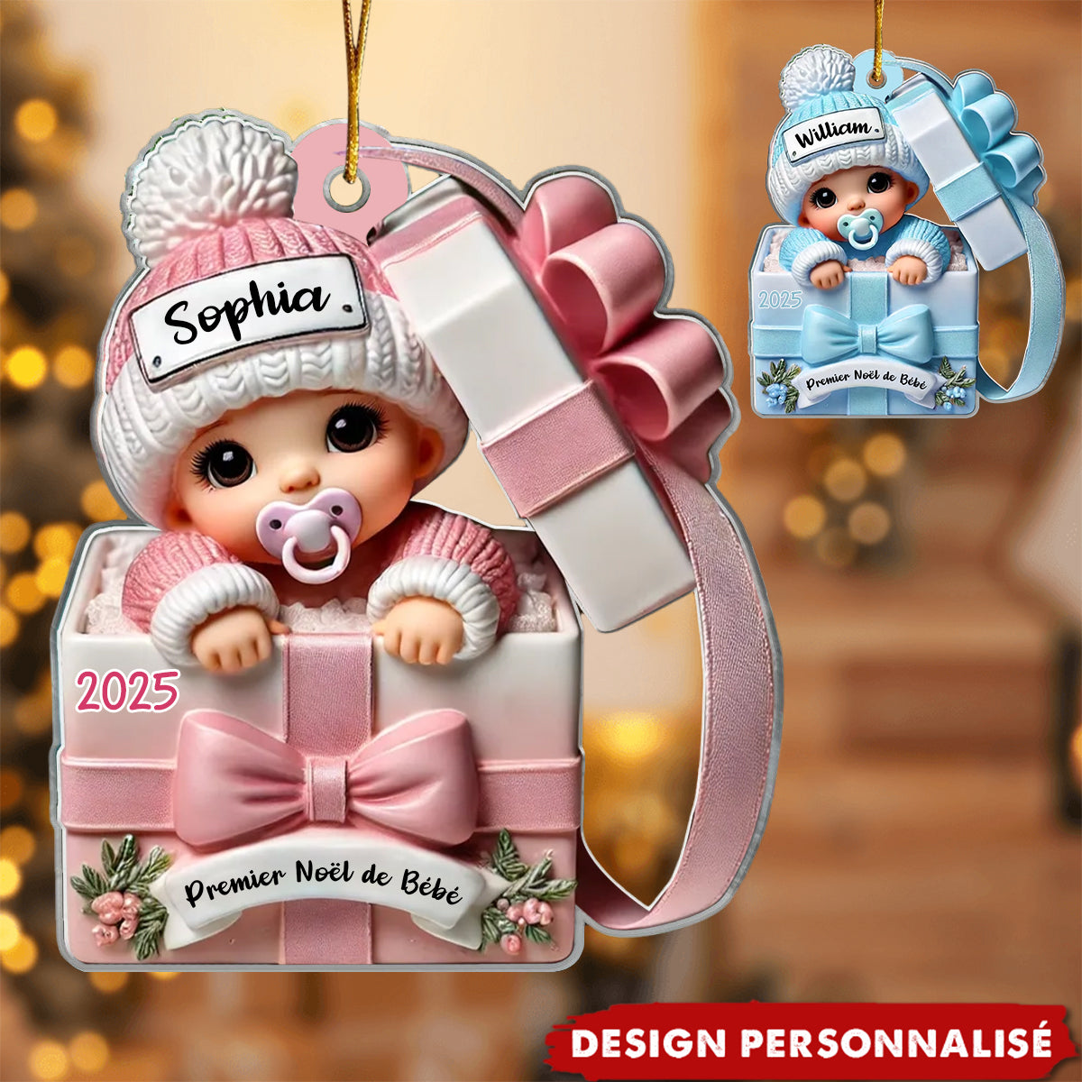 Suspension Acrylique Personnalisée 3D – Bébé dans une Boîte Cadeau – Cadeau pour Nouveau-né