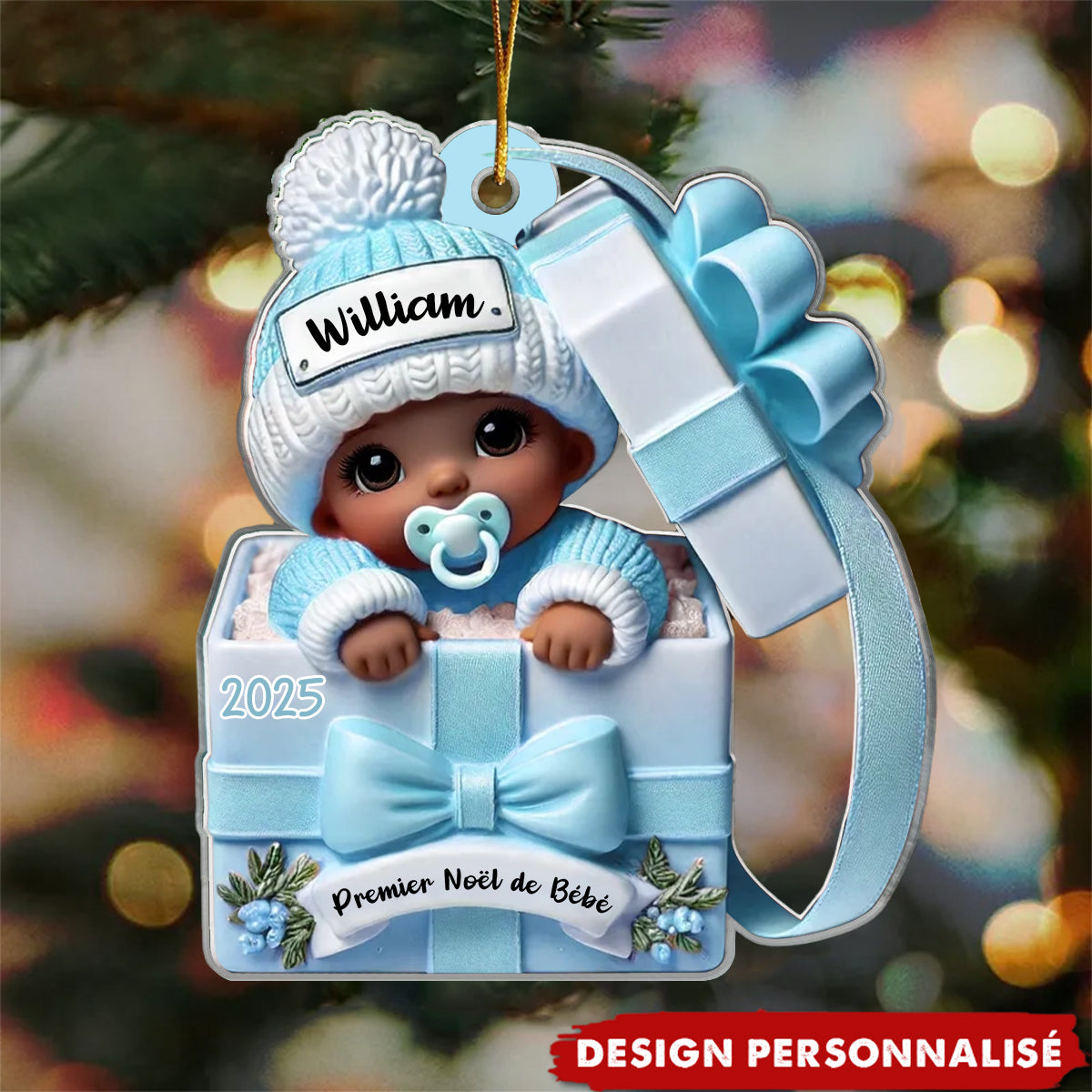 Suspension Acrylique Personnalisée 3D – Bébé dans une Boîte Cadeau – Cadeau pour Nouveau-né