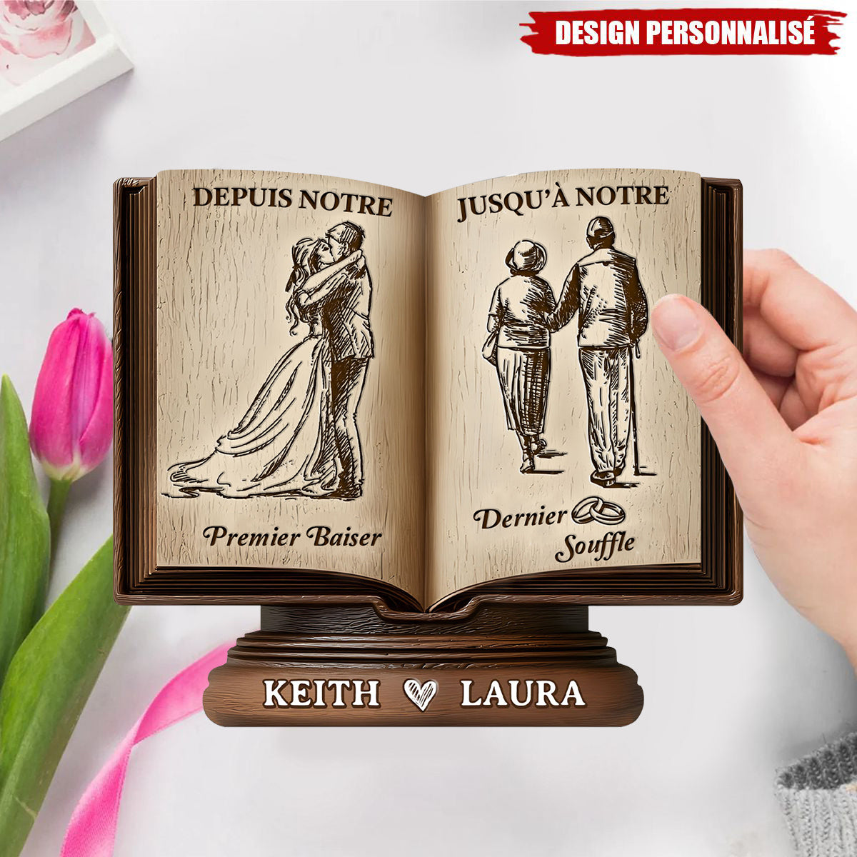 Plaque Personnalisée en Forme de Livre – “Depuis Notre Premier Baiser Jusqu’à Notre Dernier Souffle”
