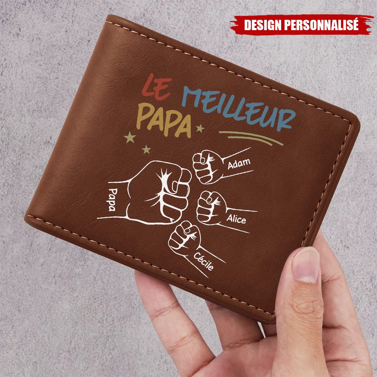 Portefeuille personnalisé – Le Meilleur Papa avec Poings et Prénoms des Enfants