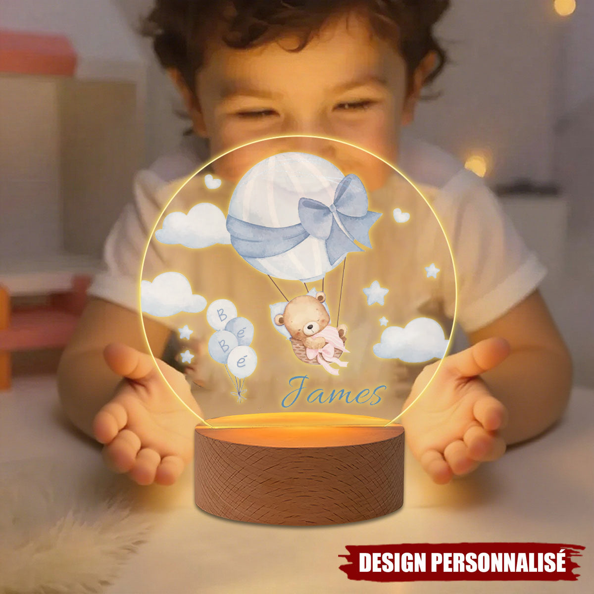 Veilleuse LED Acrylique Personnalisée – Ourson en Montgolfière avec Prénom