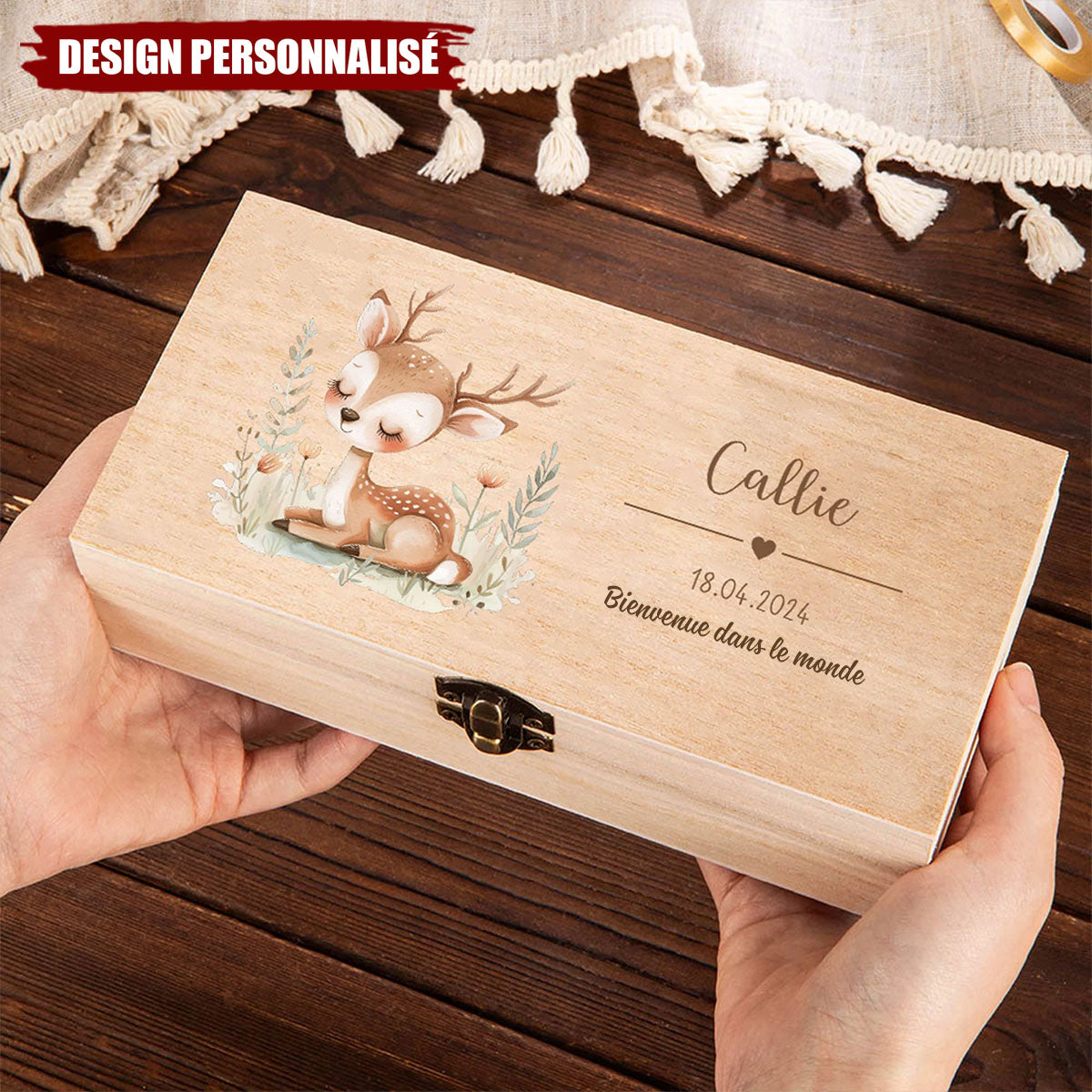 Boîte de rangement en bois personnalisée – Cadeau Unique pour Nouveau-né