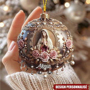 Ornement Chrétien Personnalisé – Vierge Marie et Roses Élégantes