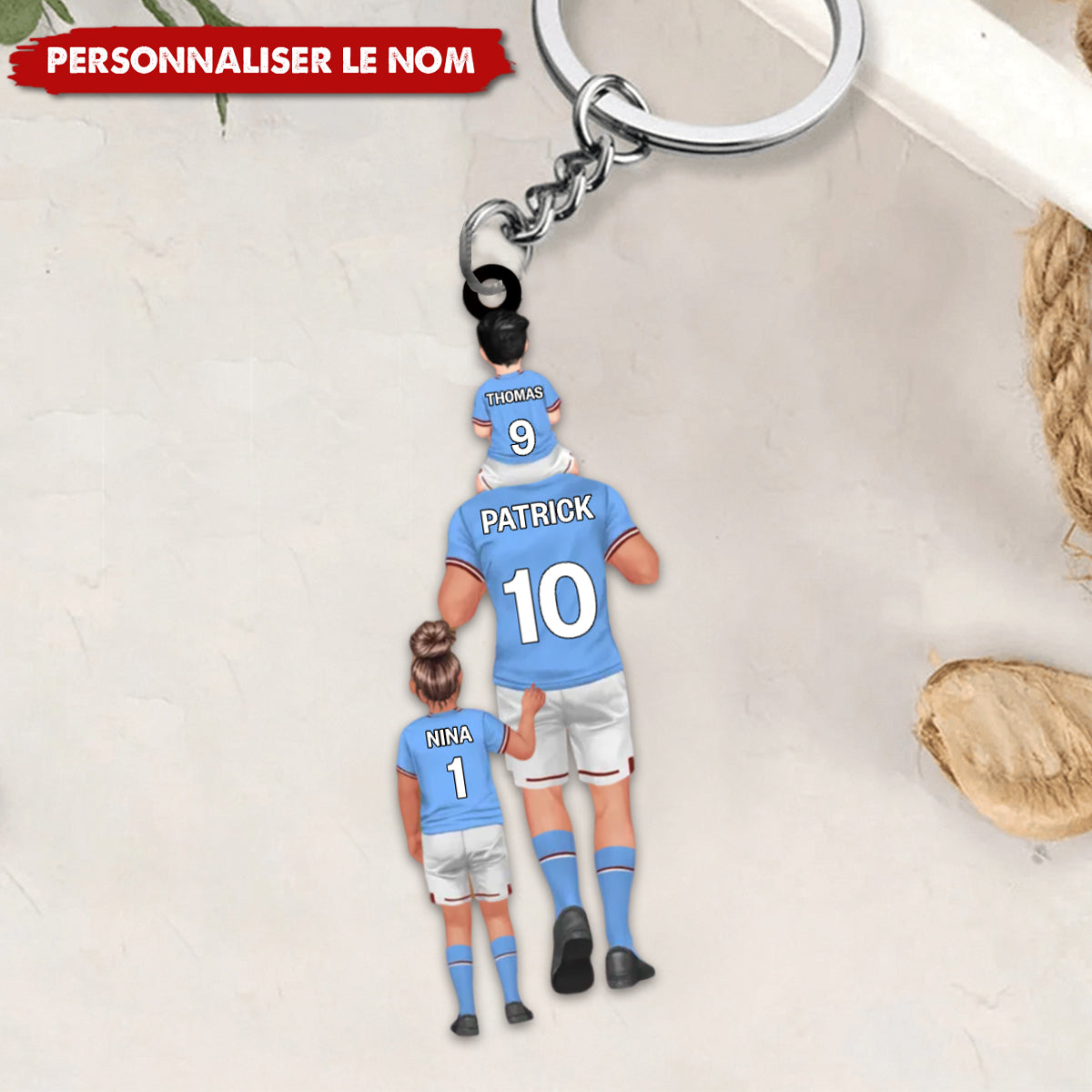 Porte-clés Équipe de Football Personnalisé – Papa et Enfants avec Prénoms et Numéros