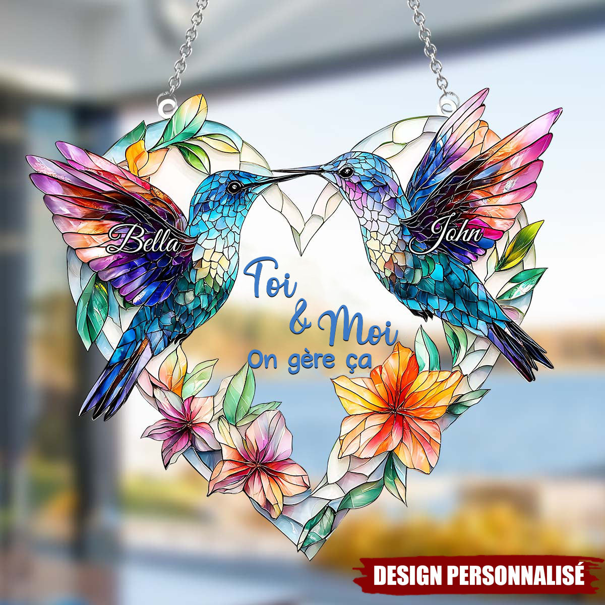 Colibris en Couple – Ornement Attrape-Soleil Personnalisé à Suspendre à la Fenêtre