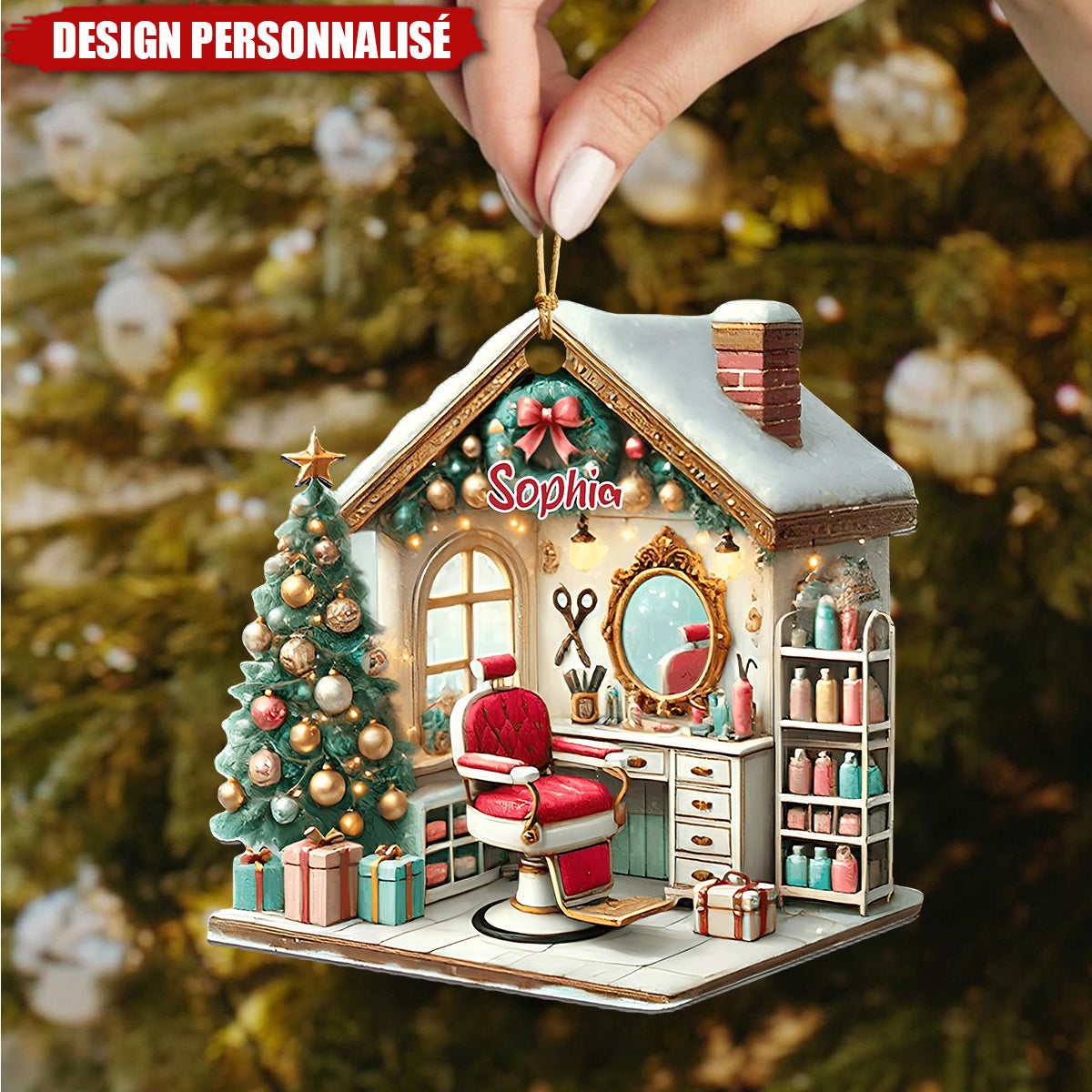 Décoration de Noël Personnalisée pour Salon de Coiffure – Cadeau de Noël pour Propriétaire de Salon de Coiffure