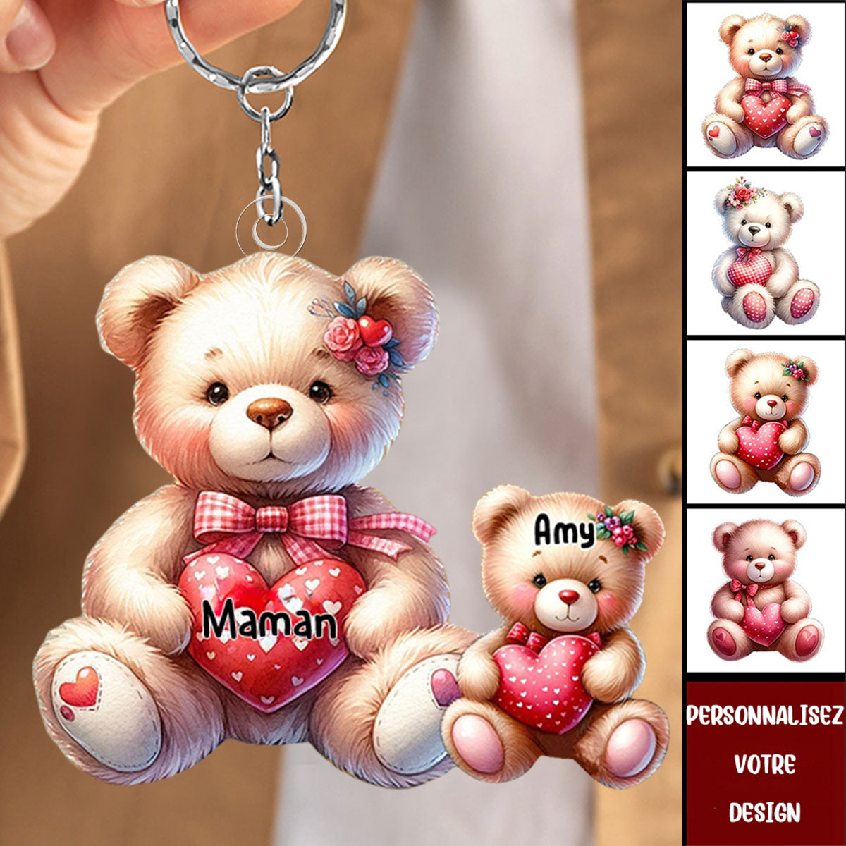 Porte-clés Ours Personnalisé avec Prénoms – Cadeau Tendre pour Maman