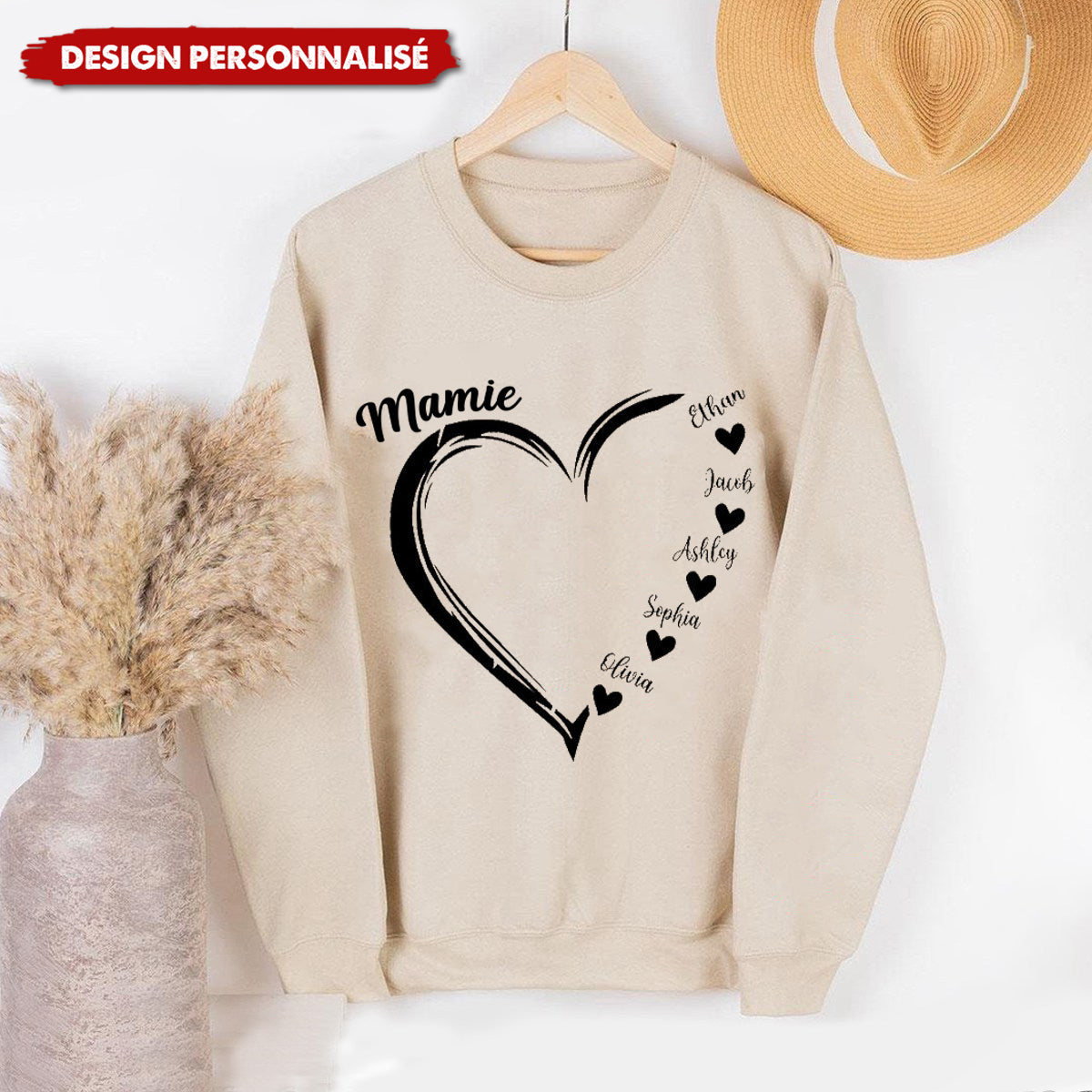 Sweat-shirt Personnalisé avec Cœur et Prénoms – Cadeau Unique pour Mamie