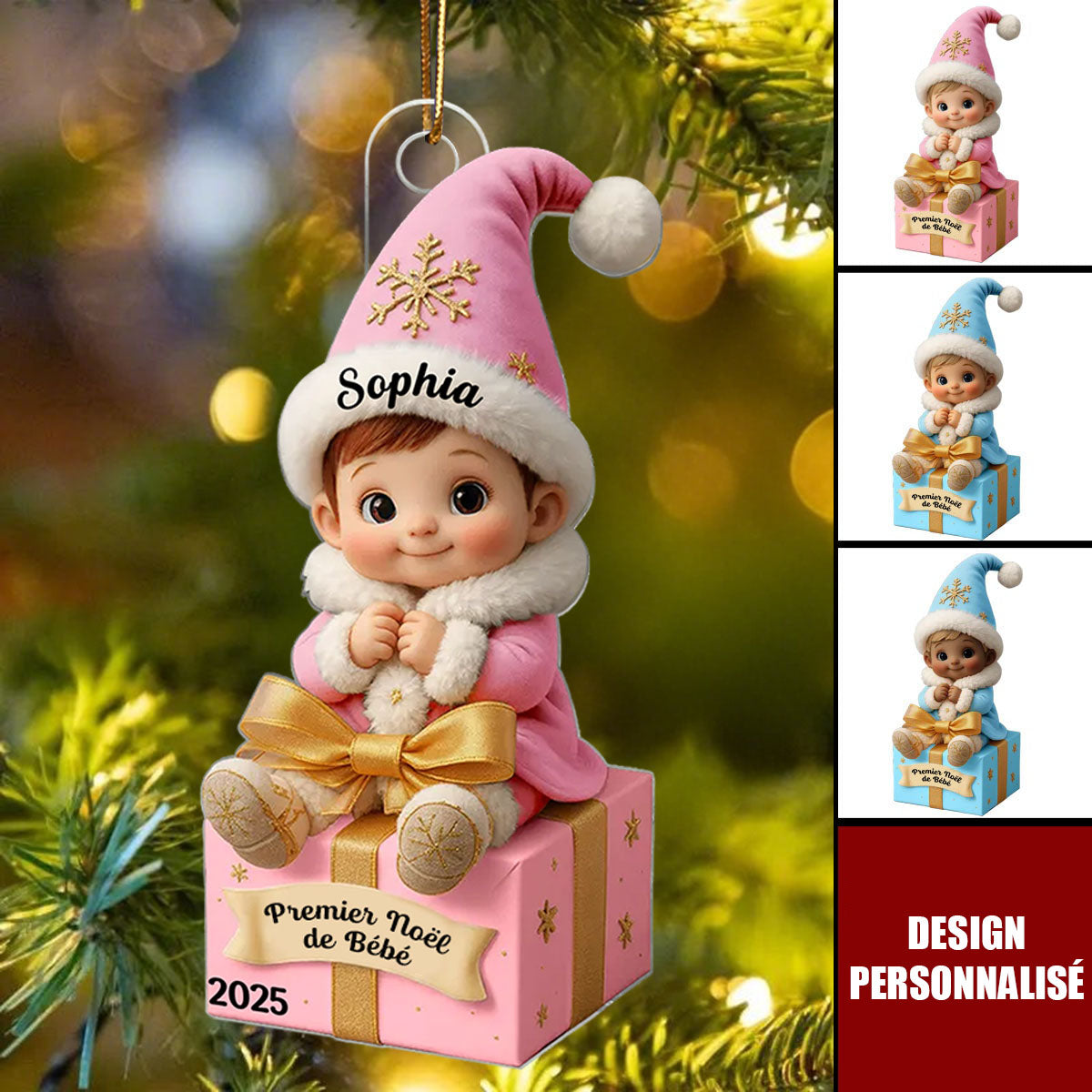 Ornement Acrylique Personnalisé – Premier Noël de Bébé avec Prénom et Date
