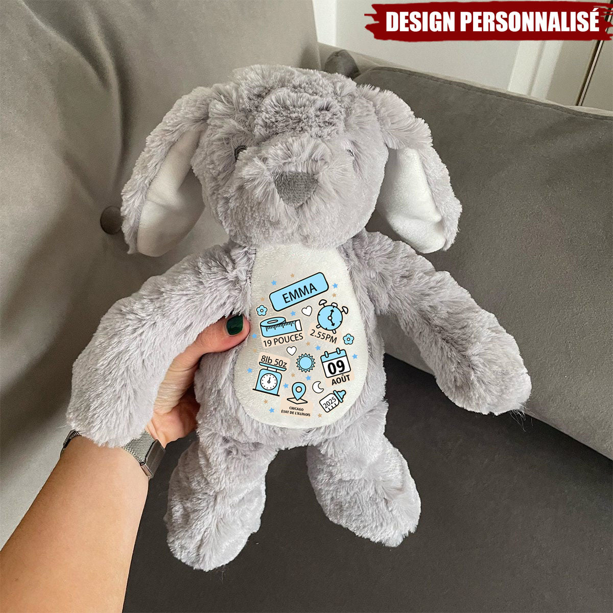 Lapin de Pâques en Peluche Personnalisé – Souvenir de Naissance Unique