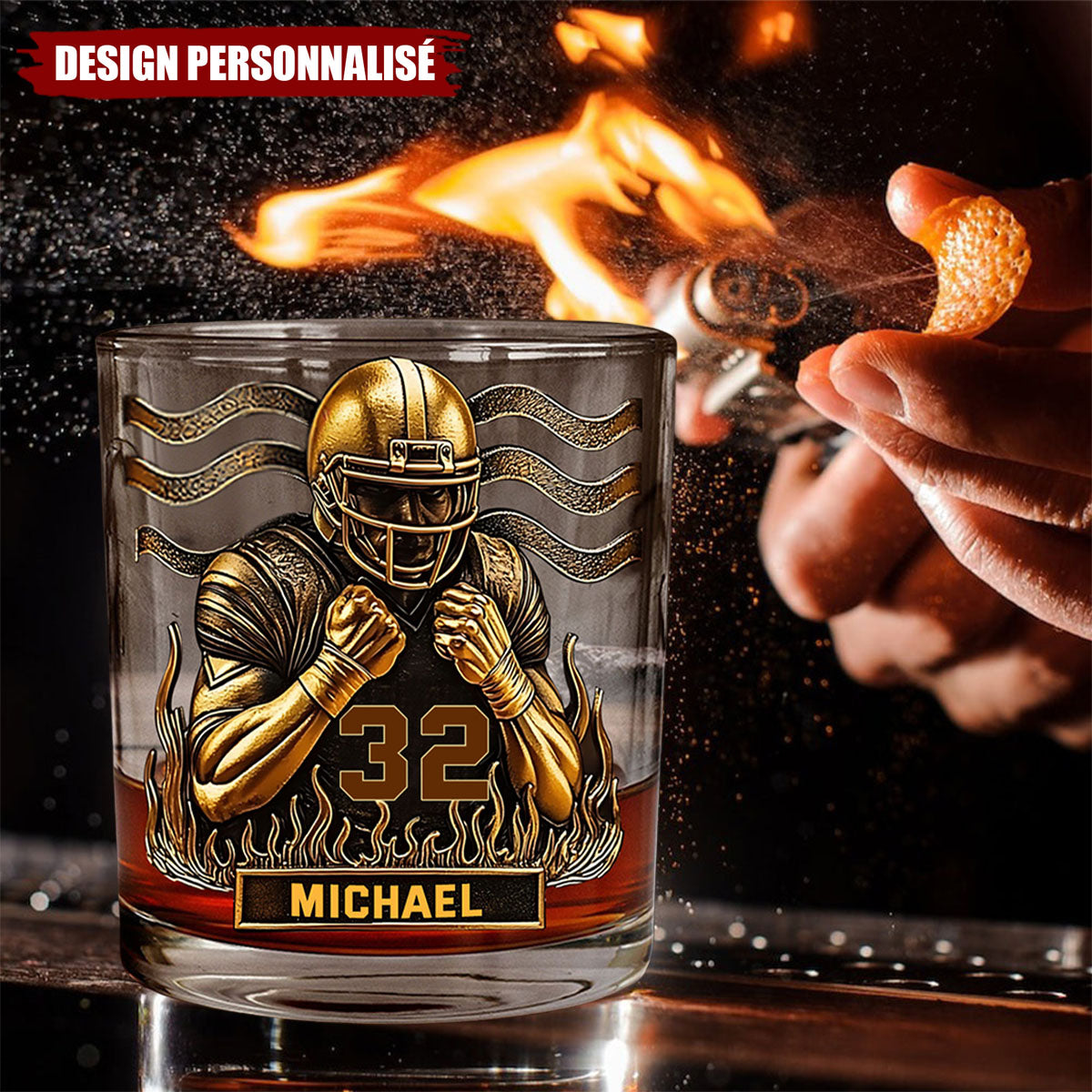 Verre à Whisky Personnalisé – Joueur de Football Américain avec Nom et Numéro Gravés