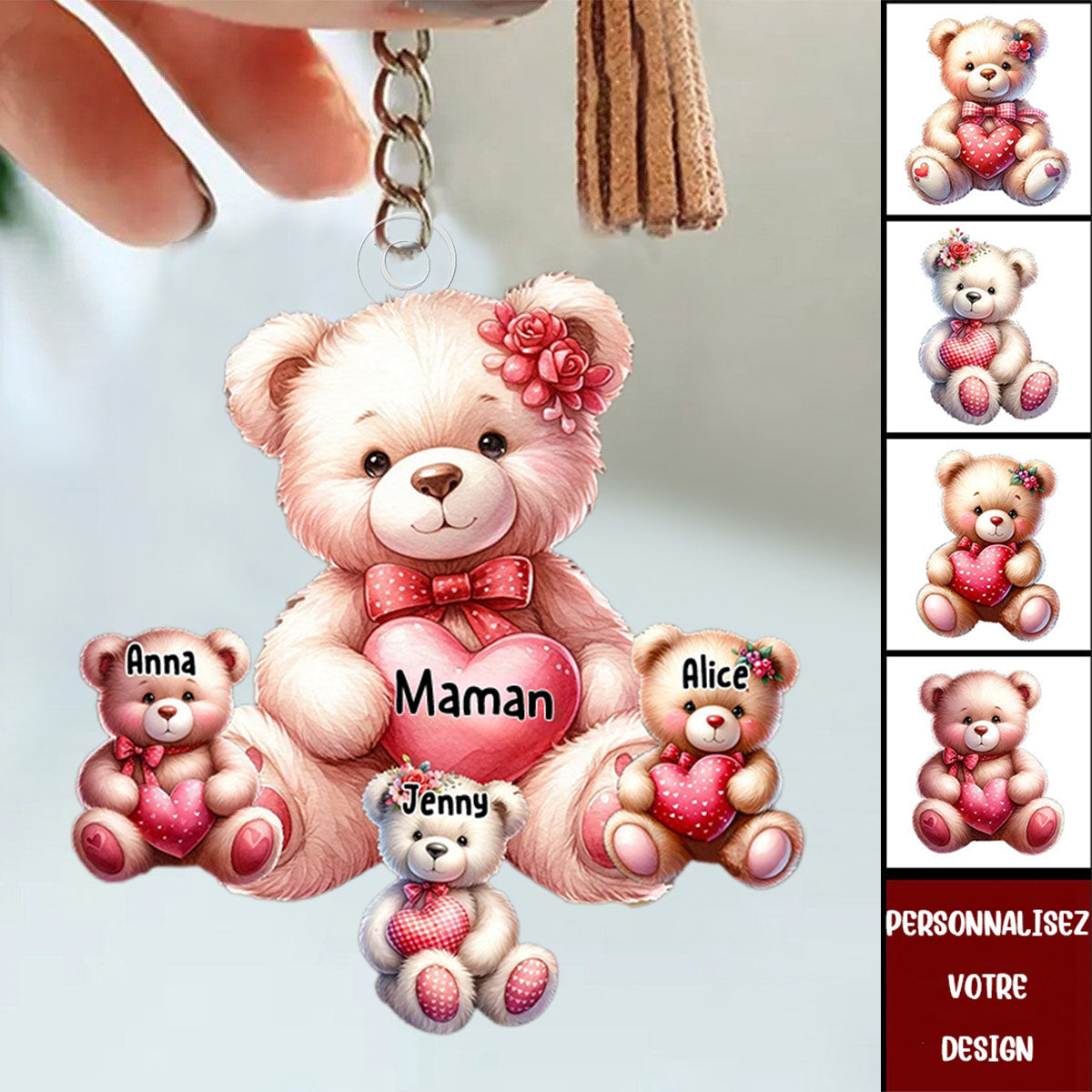 Porte-clés Ours Personnalisé avec Prénoms – Cadeau Tendre pour Maman