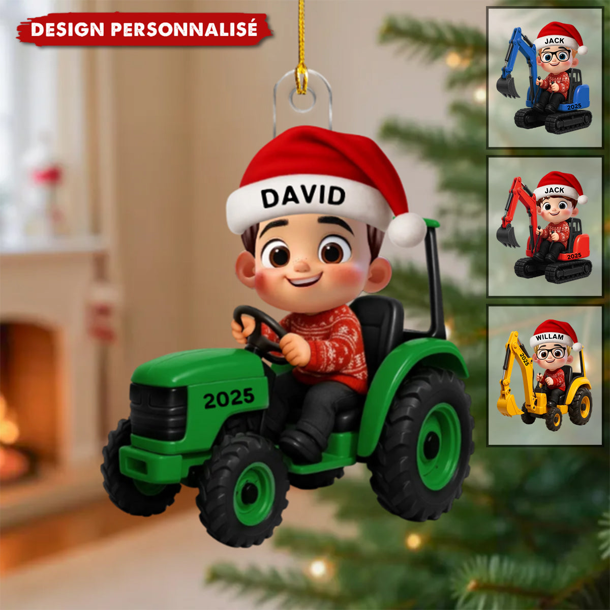 Ornement de Noël Personnalisé – Petit Conducteur sur Tracteur ou Pelleteuse