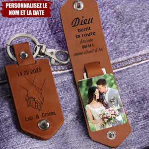Porte-clés Personnalisé en Cuir avec Photo et Prénoms – Cadeau Romantique pour Couple