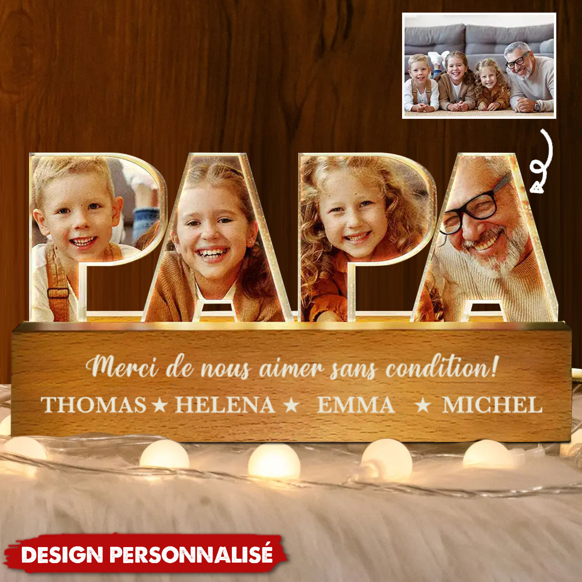 Lampe Photo Personnalisée "PAPA" avec Prénoms – Cadeau Émotionnel pour Papa