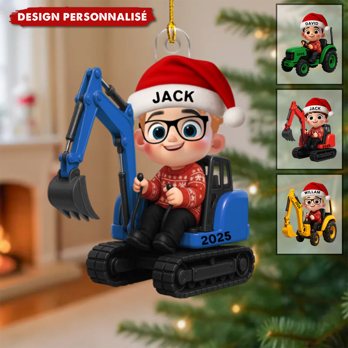 Ornement de Noël Personnalisé – Petit Conducteur sur Tracteur ou Pelleteuse