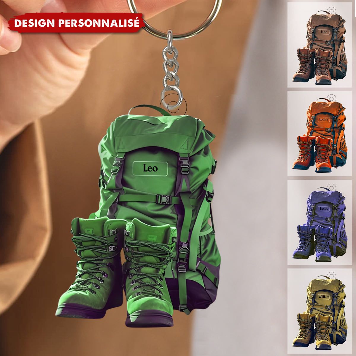 Porte-clés Randonnée Personnalisé – Sac à Dos & Bottes de Montagne