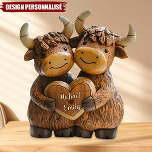 Plaque Acrylique Personnalisée – Couple de Yacks Amoureux avec Prénoms Gravés