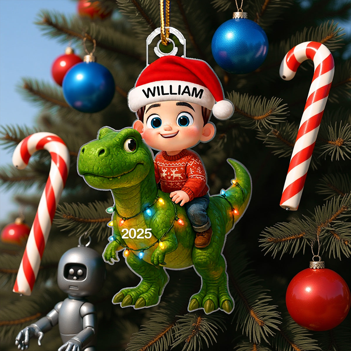 Ornement de Noël Acrylique Personnalisé – Enfants sur Dinosaure avec Prénom et Année