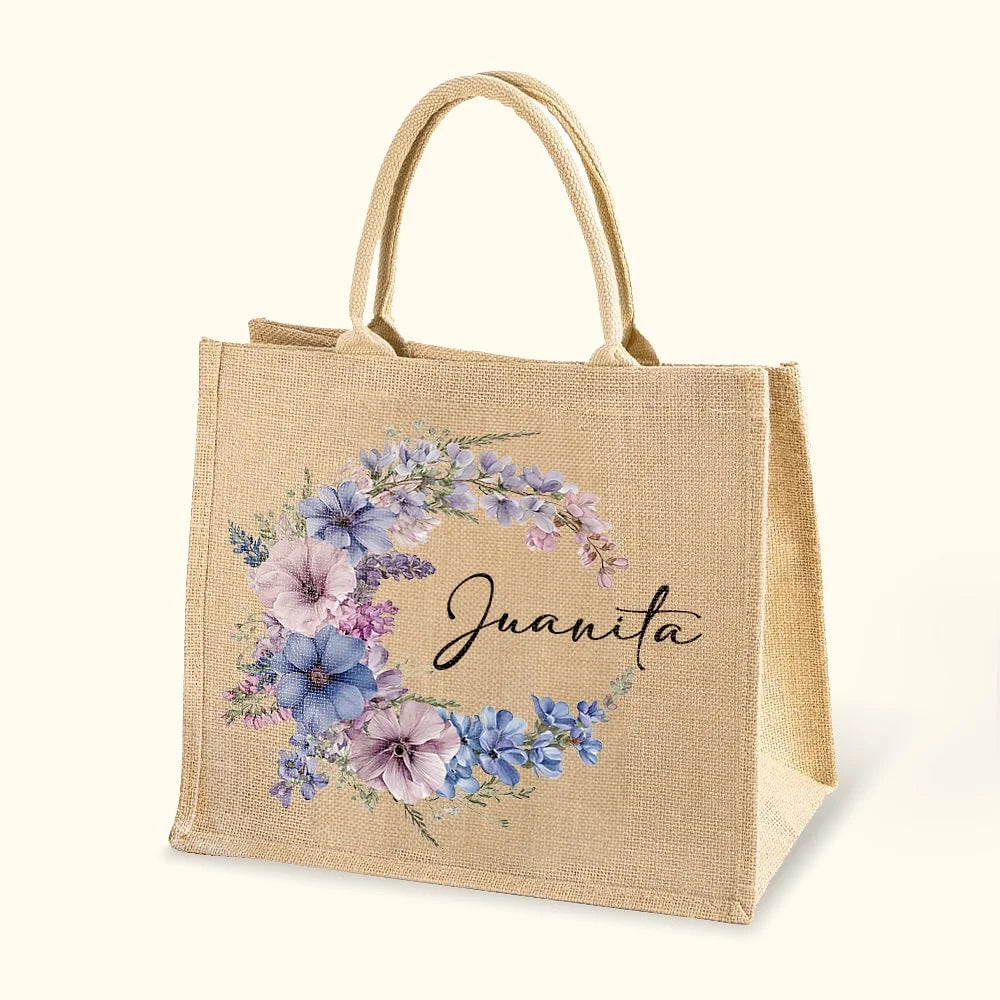 Sac en Toile de Jute Personnalisé avec Prénom et Fleur de Naissance – Cadeau Élégant pour Femme