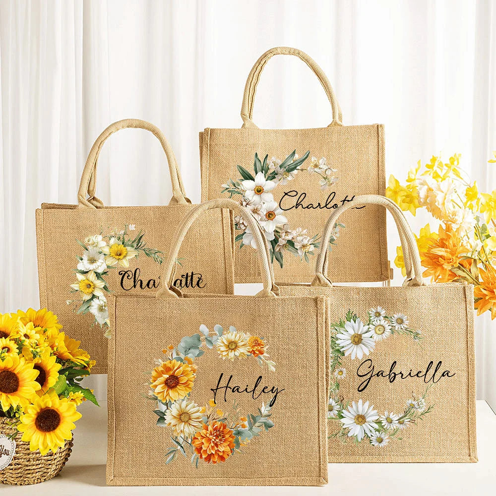 Sac en Toile de Jute Personnalisé avec Prénom et Fleur de Naissance – Cadeau Élégant pour Femme