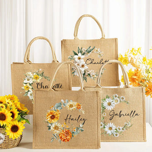 Sac en Toile de Jute Personnalisé avec Prénom et Fleur de Naissance – Cadeau Élégant pour Femme