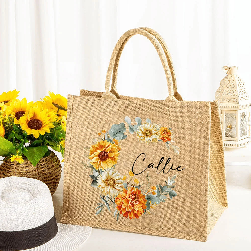 Sac en Toile de Jute Personnalisé avec Prénom et Fleur de Naissance – Cadeau Élégant pour Femme