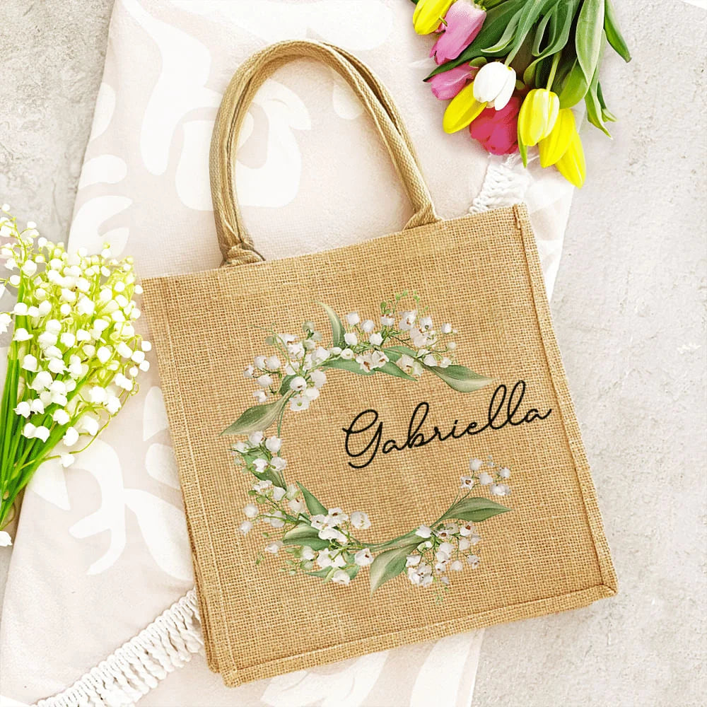 Sac en Toile de Jute Personnalisé avec Prénom et Fleur de Naissance – Cadeau Élégant pour Femme