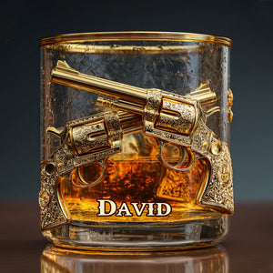 Verre à Whisky Personnalisé - Revolvers Dorés avec Personnalisation du Nom