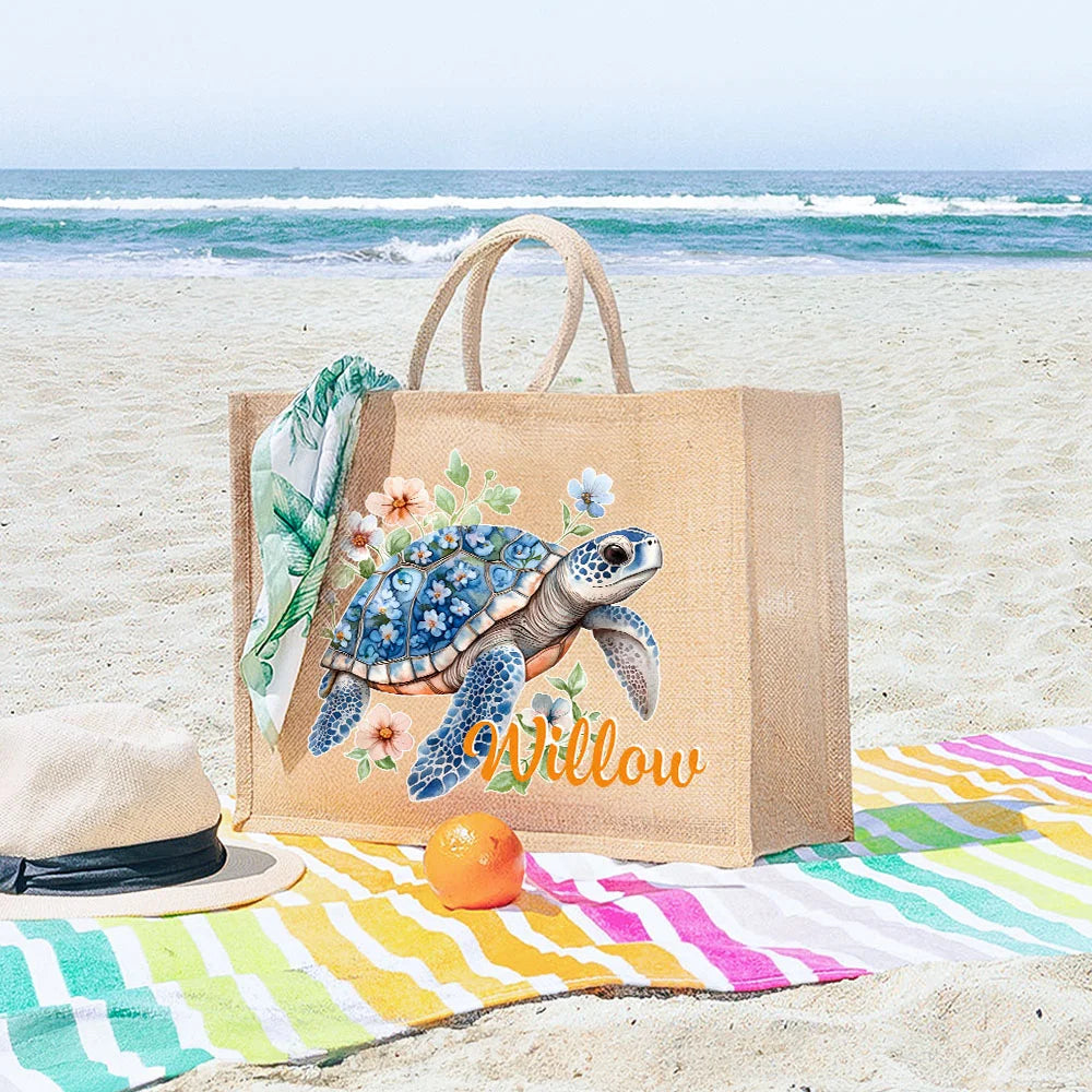 Sac en Toile de Jute Personnalisé - Motif Tortue Marine avec Fleurs et Prénom