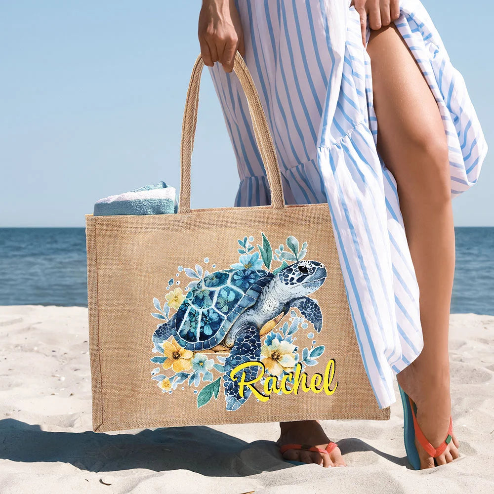 Sac en Toile de Jute Personnalisé - Motif Tortue Marine avec Fleurs et Prénom