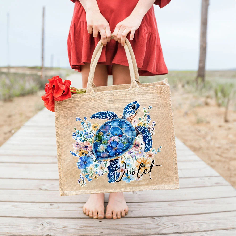 Sac en Toile de Jute Personnalisé - Motif Tortue Marine avec Fleurs et Prénom