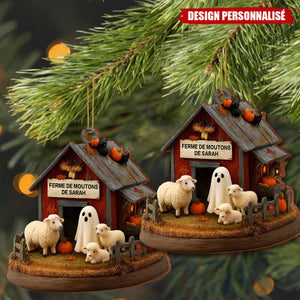 Ornement en Bois Personnalisé – Grange Automnale avec Moutons et Décor Halloween