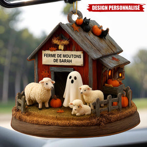 Ornement en Bois Personnalisé – Grange Automnale avec Moutons et Décor Halloween