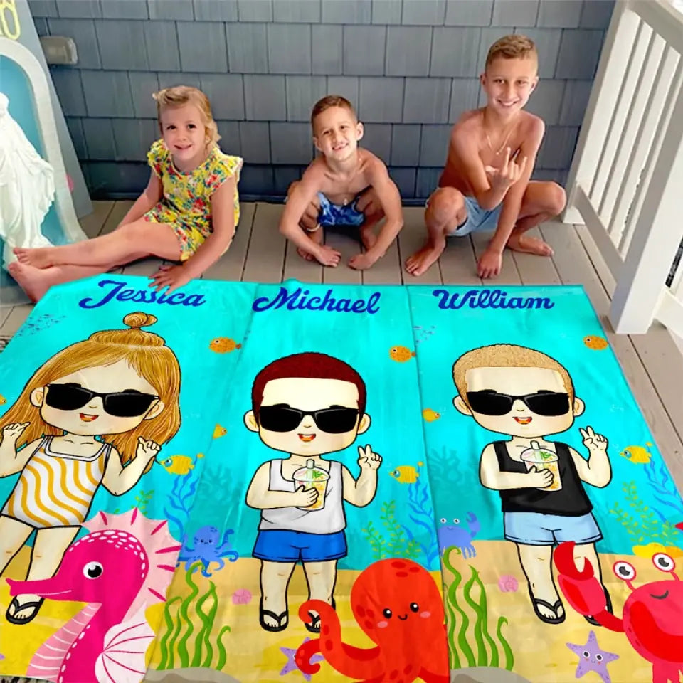 Été, Plage, Piscine, Voyage – Serviette de Plage Familiale Personnalisée sur Mesure