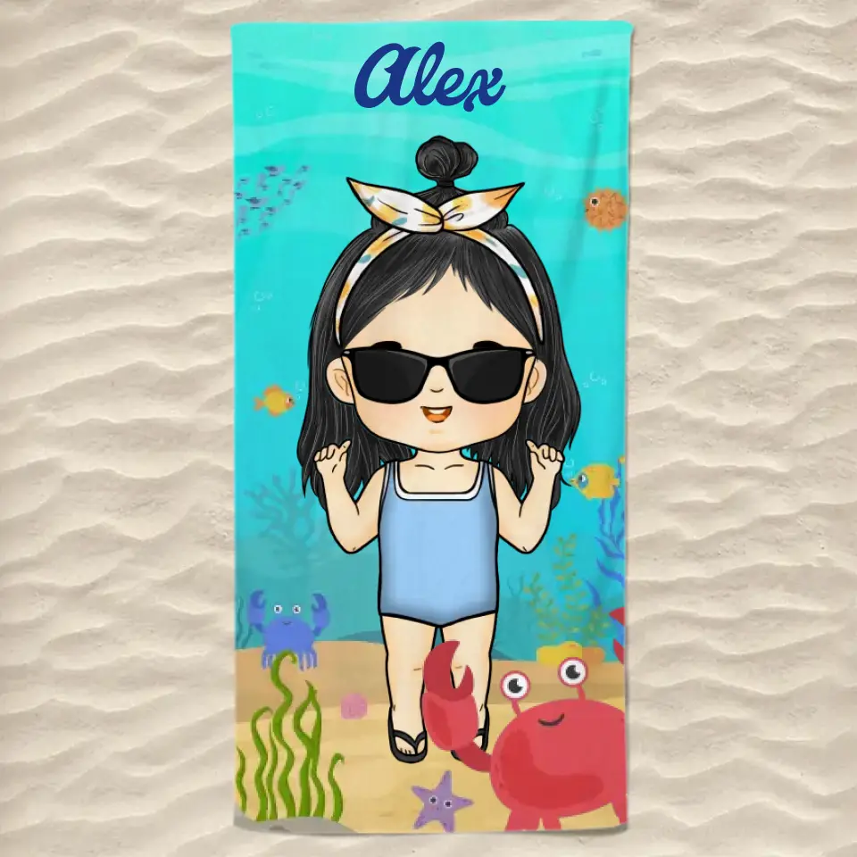 Été, Plage, Piscine, Voyage – Serviette de Plage Familiale Personnalisée sur Mesure