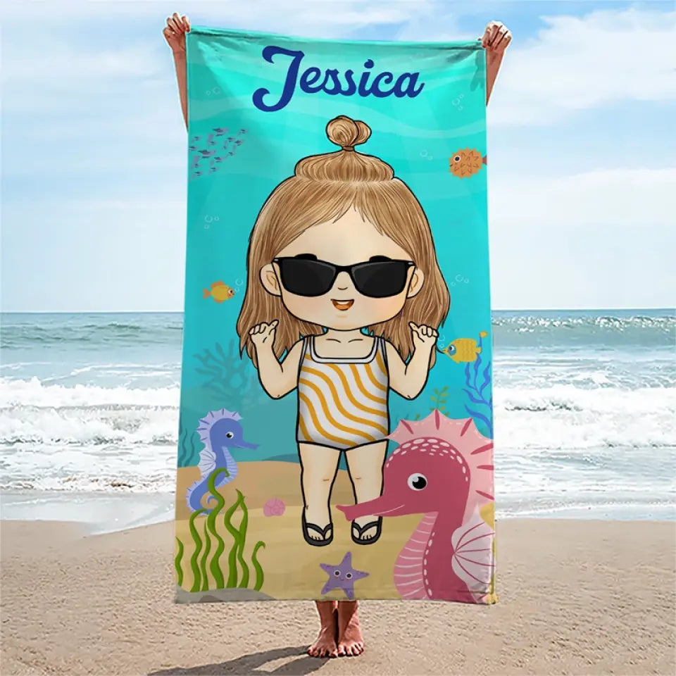 Été, Plage, Piscine, Voyage – Serviette de Plage Familiale Personnalisée sur Mesure