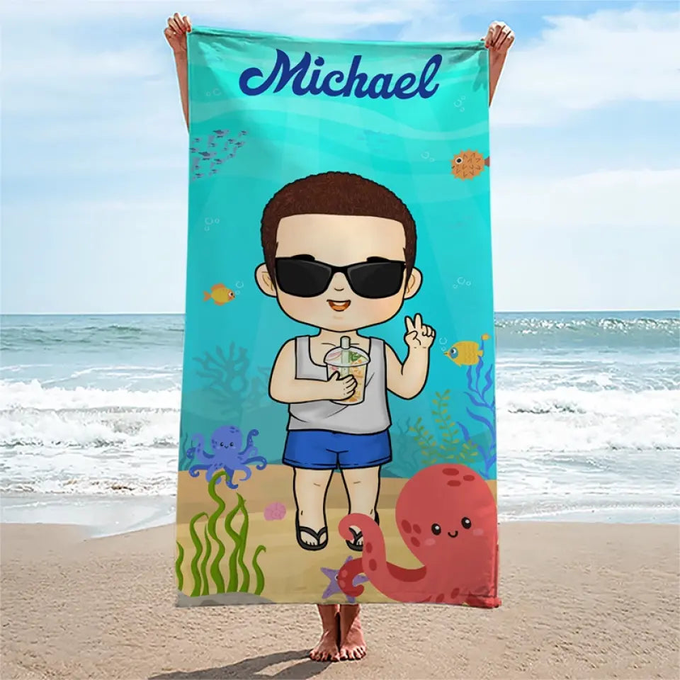 Été, Plage, Piscine, Voyage – Serviette de Plage Familiale Personnalisée sur Mesure