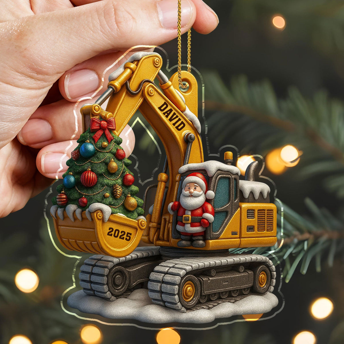Décoration de Noël en Acrylique Personnalisée - Pelleteuse avec Sapin et Père Noël