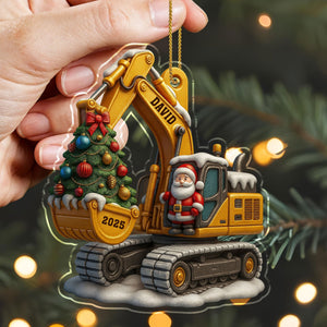 Décoration de Noël en Acrylique Personnalisée - Pelleteuse avec Sapin et Père Noël