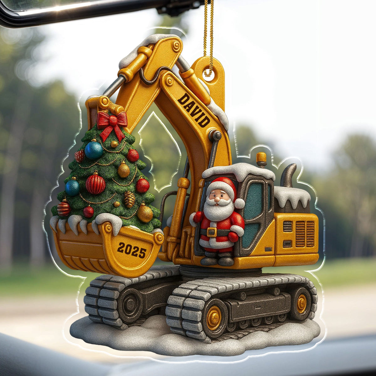 Décoration de Noël en Acrylique Personnalisée - Pelleteuse avec Sapin et Père Noël