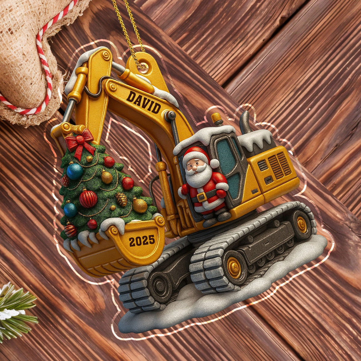 Décoration de Noël en Acrylique Personnalisée - Pelleteuse avec Sapin et Père Noël