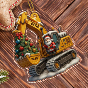 Décoration de Noël en Acrylique Personnalisée - Pelleteuse avec Sapin et Père Noël