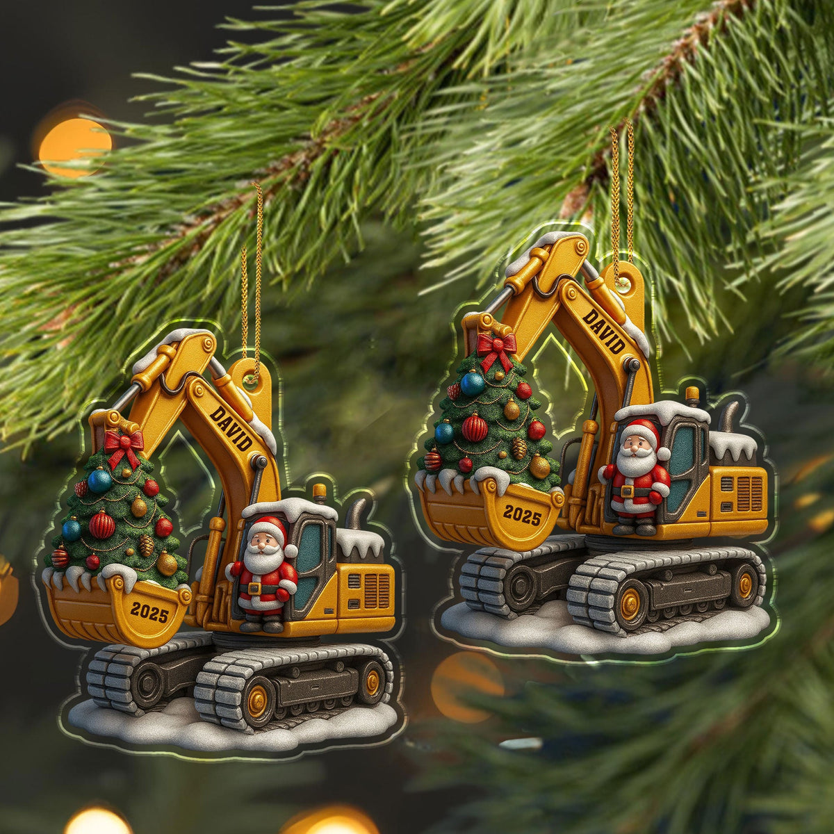 Décoration de Noël en Acrylique Personnalisée - Pelleteuse avec Sapin et Père Noël
