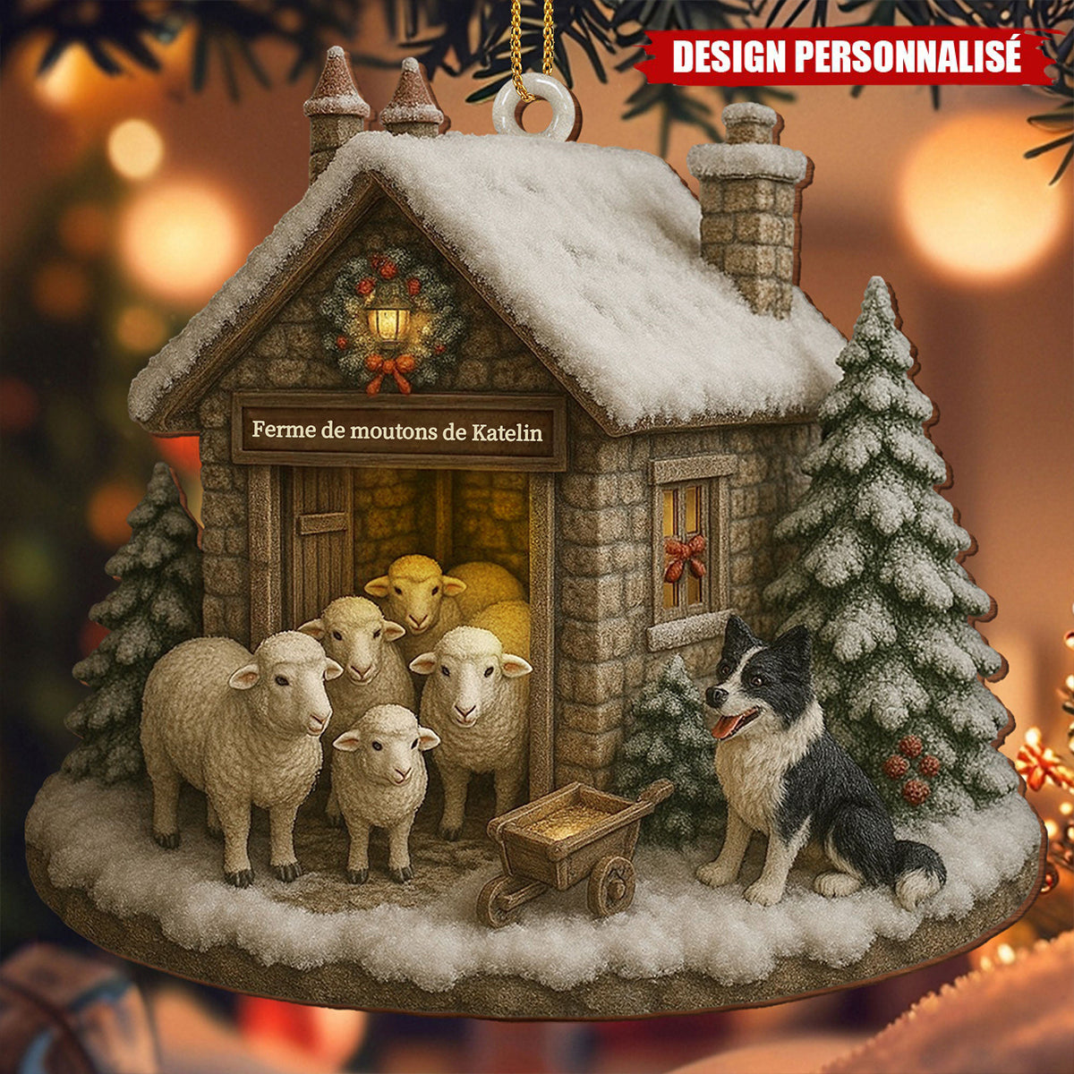 Ornement en Bois Personnalisé – Petite Ferme Hivernale avec Moutons
