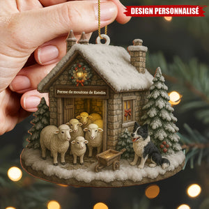 Ornement en Bois Personnalisé – Petite Ferme Hivernale avec Moutons
