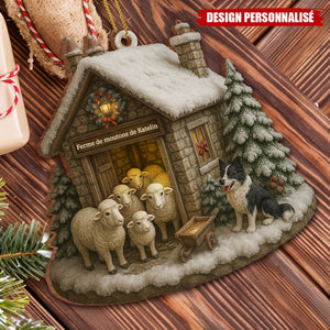 Ornement en Bois Personnalisé – Petite Ferme Hivernale avec Moutons