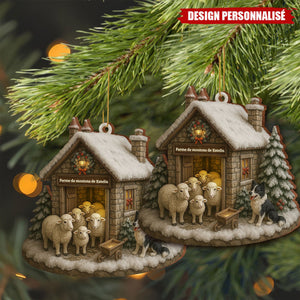 Ornement en Bois Personnalisé – Petite Ferme Hivernale avec Moutons