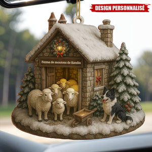 Ornement en Bois Personnalisé – Petite Ferme Hivernale avec Moutons